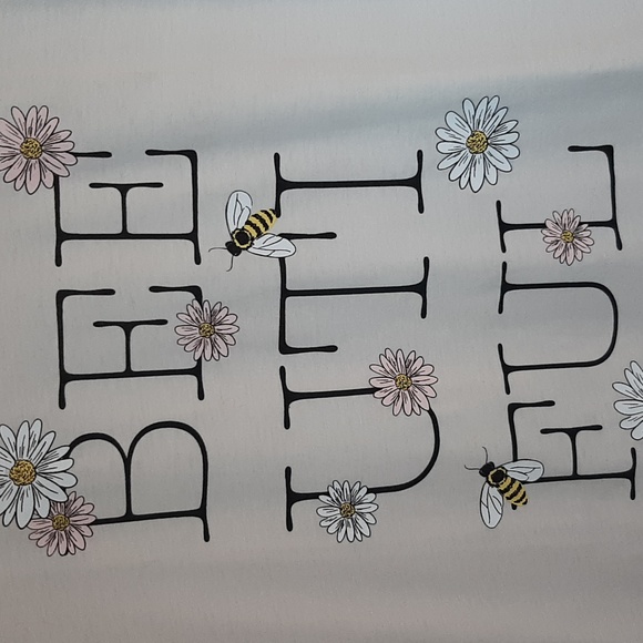 LaRoe Cream Tee Shirt Size L with Maroon Trim and Floral Accent, Honey Bees - Picture 5 of 11